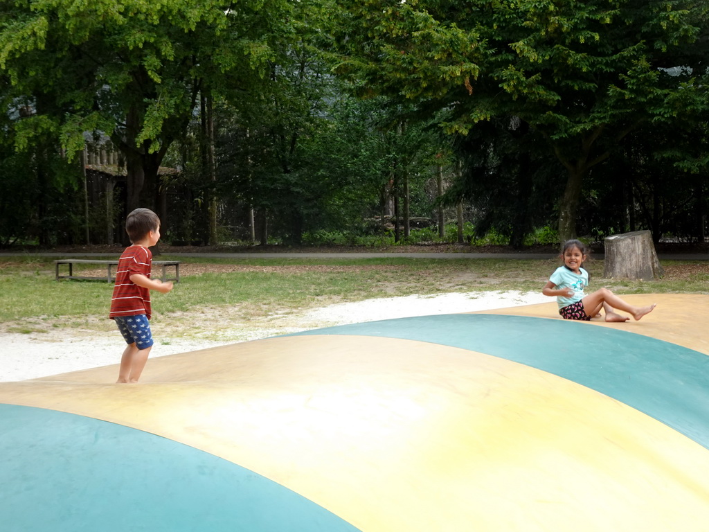 Max and a friend on the trampoline at the large playground at Zoo Veldhoven