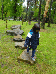 Max on stepping stones at the Kabouterpad path at Zoo Veldhoven