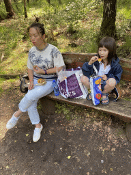 Miaomiao and Max eating cakes and chips on a bench next to the Eerbeekse Veldpad road
