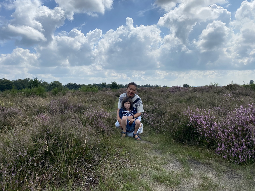 Miaomiao and Max with purple heather on the north side of the Posbank hill