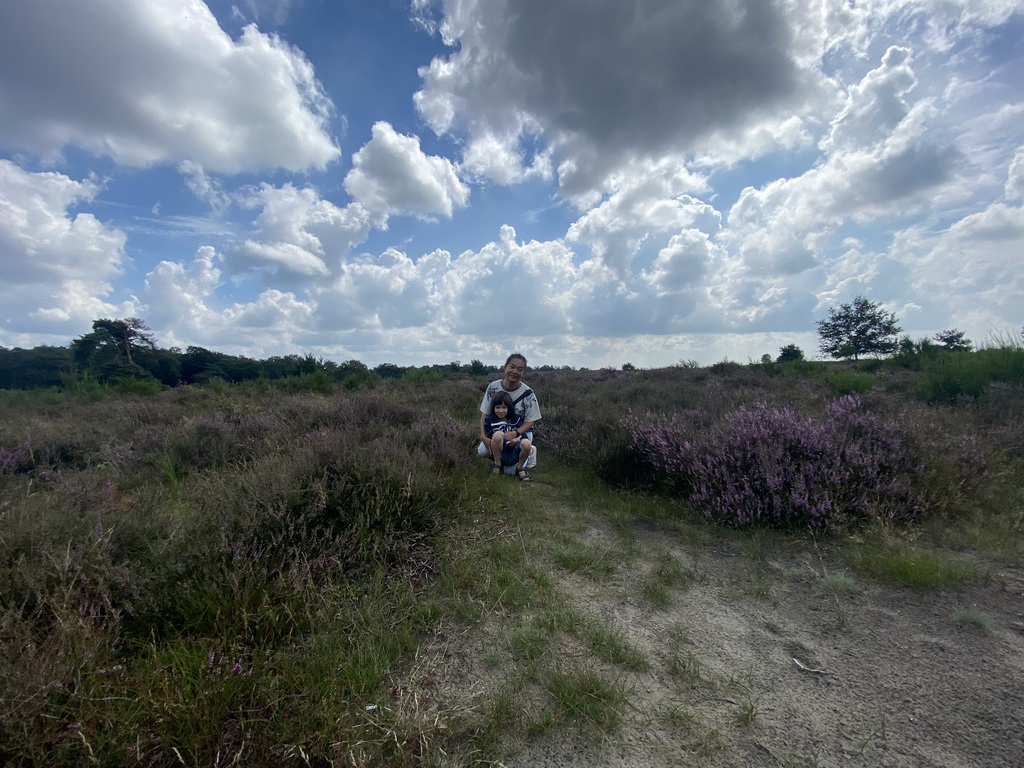 Miaomiao and Max with purple heather on the north side of the Posbank hill