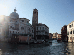 The Cannaregio Canal with the Ponte delle Guglie bridge, the San Geremia church and the Palazzo Labia palace, viewed from the Canal Grande ferry