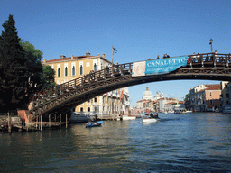 The Ponte dell`Accademia bridge, the Palazzo Cavalli-Franchetti palace and the Santa Maria della Salute church, viewed from the Canal Grande ferry