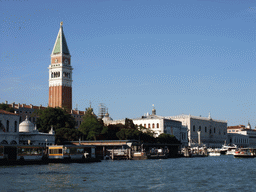 The Campanile tower of the Basilica di San Marco church, the Biblioteca Marciana library and the Palazzo Ducale palace, viewed from the Canal Grande ferry