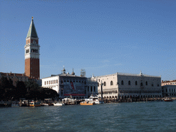 The Campanile tower of the Basilica di San Marco church, the Biblioteca Marciana library and the Palazzo Ducale palace, viewed from the Canal Grande ferry