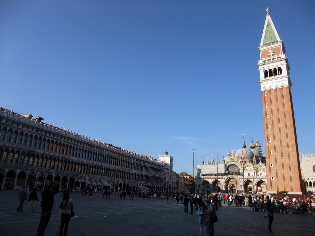 The Piazza San Marco square with the front of the Basilica di San Marco church, its Campanile Tower and the front of the Procuratie Vecchie building