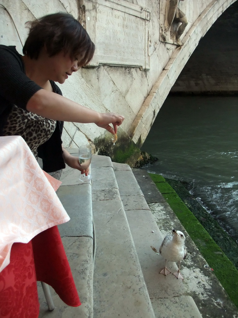 Miaomiao feeding a seagull at the Al Buso restaurant under the Ponte di Rialto bridge over the Canal Grande
