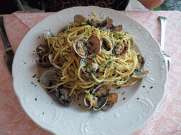 Pasta with seafood at the Al Buso restaurant under the Ponte di Rialto bridge over the Canal Grande