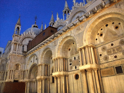 Right front side of the Basilica di San Marco church at the Piazza San Marco square, by night