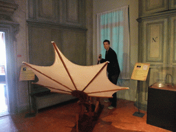 Tim with a flying machine at the `Il Genio di Leonardo da Vinci` exhibition in the Scuola Grande di San Rocco building