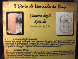 Explanation on the mirrors room at the `Il Genio di Leonardo da Vinci` exhibition in the Scuola Grande di San Rocco building