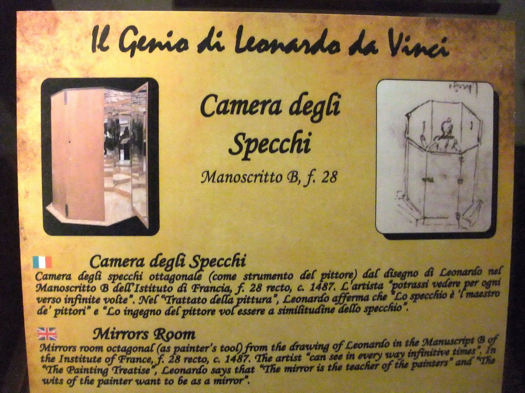 Explanation on the mirrors room at the `Il Genio di Leonardo da Vinci` exhibition in the Scuola Grande di San Rocco building