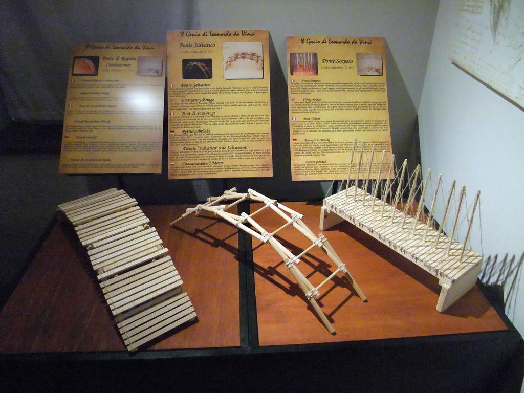 Scale models of three bridges (Ponte di Rapida, Ponte Salvatico and Ponte Sospeso), with explanation, at the `Il Genio di Leonardo da Vinci` exhibition in the Scuola Grande di San Rocco building