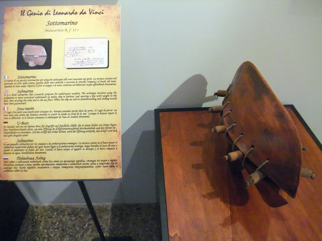 Scale model of a submarine, with explanation, at the `Il Genio di Leonardo da Vinci` exhibition in the Scuola Grande di San Rocco building