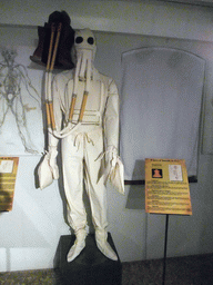 Diving suit, with explanation, at the `Il Genio di Leonardo da Vinci` exhibition in the Scuola Grande di San Rocco building