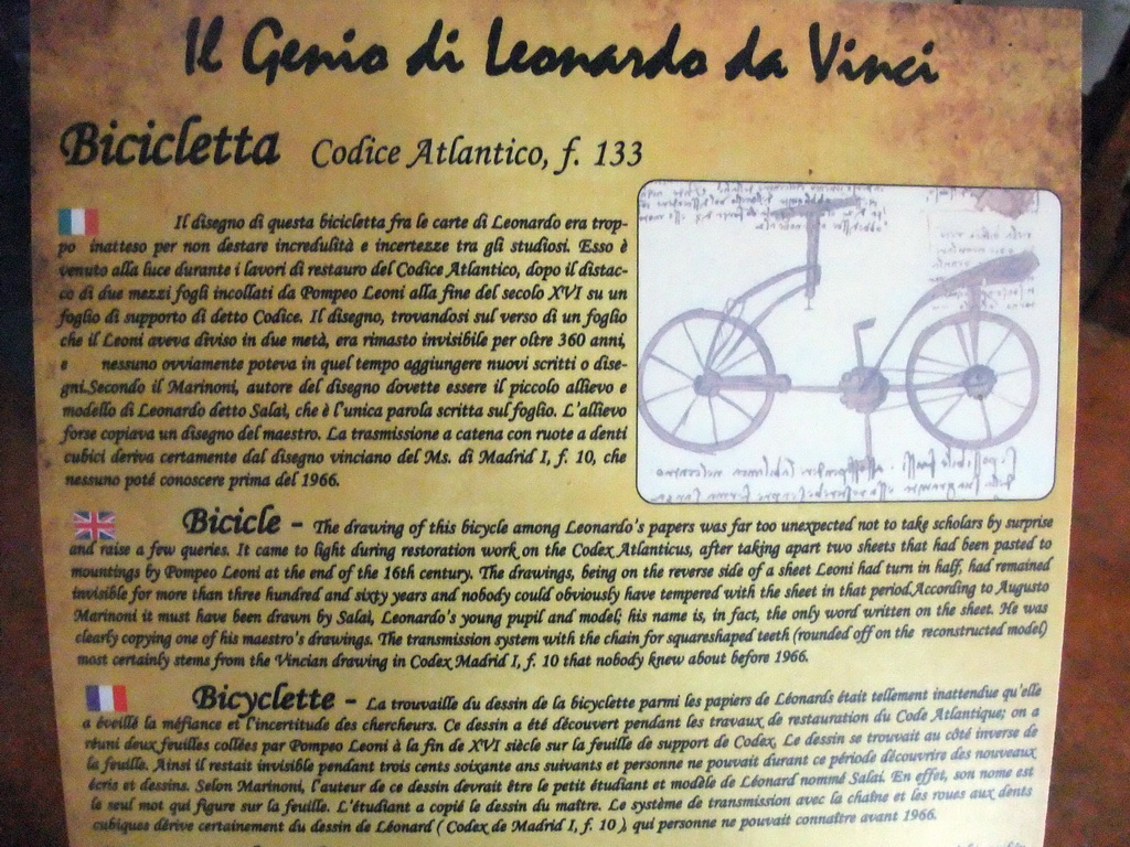 Explanation on the bicycle at the `Il Genio di Leonardo da Vinci` exhibition in the Scuola Grande di San Rocco building