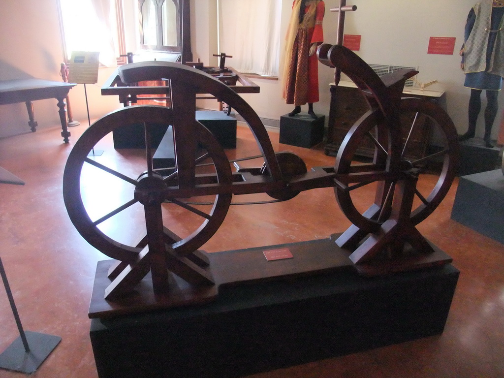 Wooden bicycle at the `Il Genio di Leonardo da Vinci` exhibition in the Scuola Grande di San Rocco building