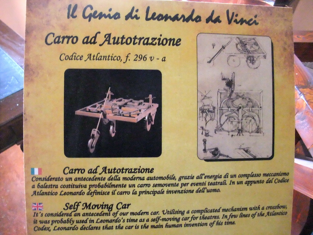 Explanation on the self moving car at the `Il Genio di Leonardo da Vinci` exhibition in the Scuola Grande di San Rocco building