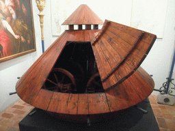 Wooden scale model of a tank at the `Il Genio di Leonardo da Vinci` exhibition in the Scuola Grande di San Rocco building