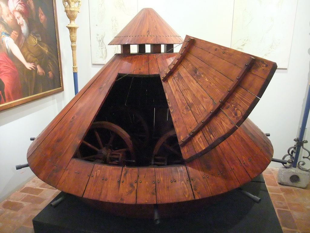 Wooden scale model of a tank at the `Il Genio di Leonardo da Vinci` exhibition in the Scuola Grande di San Rocco building