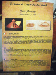 Explanation on the tank at the `Il Genio di Leonardo da Vinci` exhibition in the Scuola Grande di San Rocco building