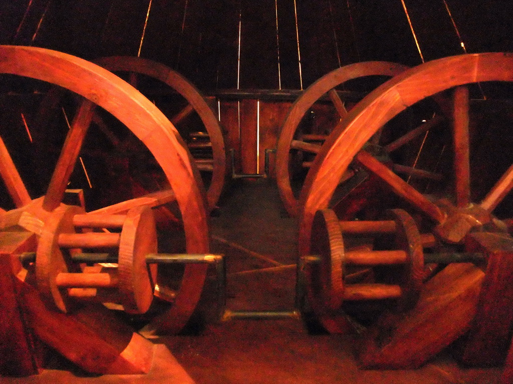 Interior of the wooden scale model of a tank at the `Il Genio di Leonardo da Vinci` exhibition in the Scuola Grande di San Rocco building