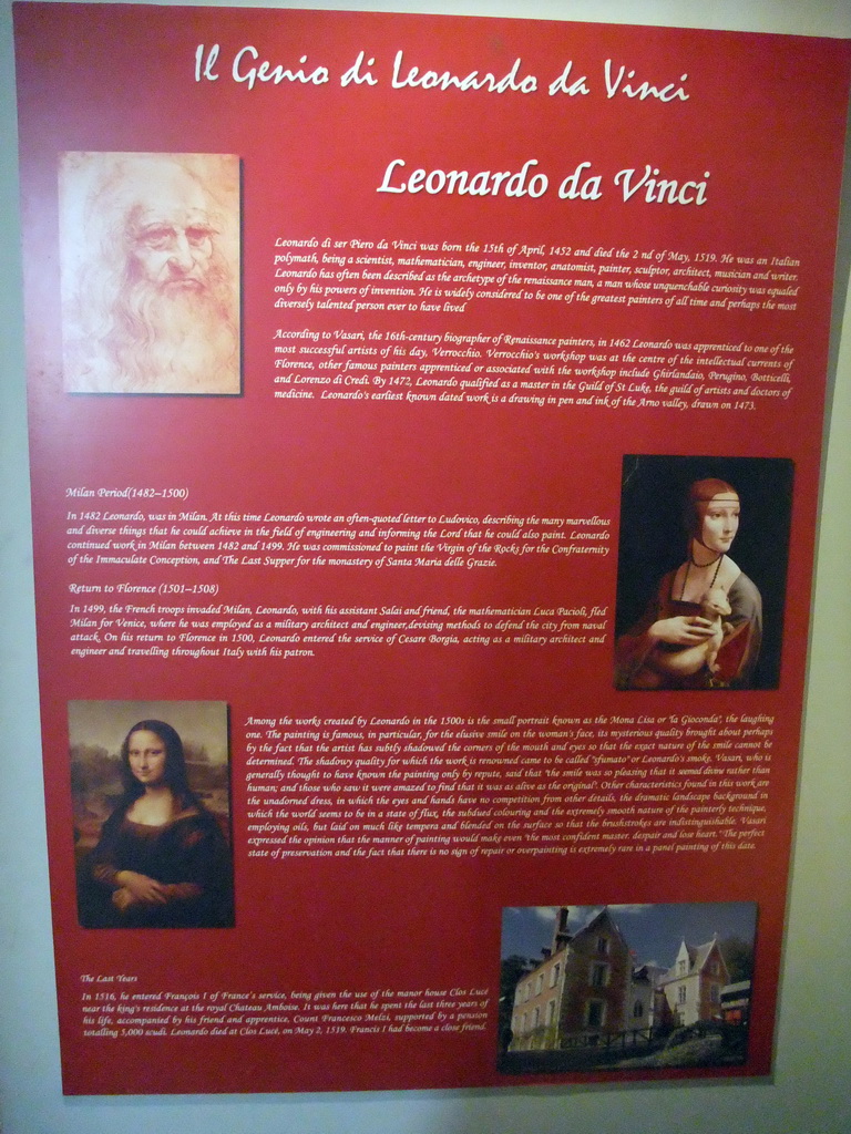 Information on Leonardo da Vinci at the `Il Genio di Leonardo da Vinci` exhibition in the Scuola Grande di San Rocco building