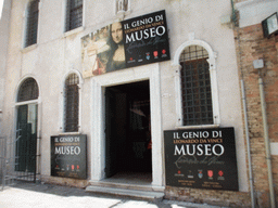 Front of the Scuola Grande di San Rocco building with the `Il Genio di Leonardo da Vinci` exhibition