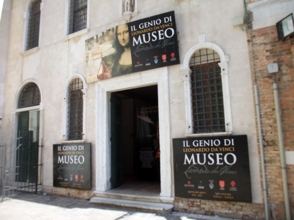 Front of the Scuola Grande di San Rocco building with the `Il Genio di Leonardo da Vinci` exhibition