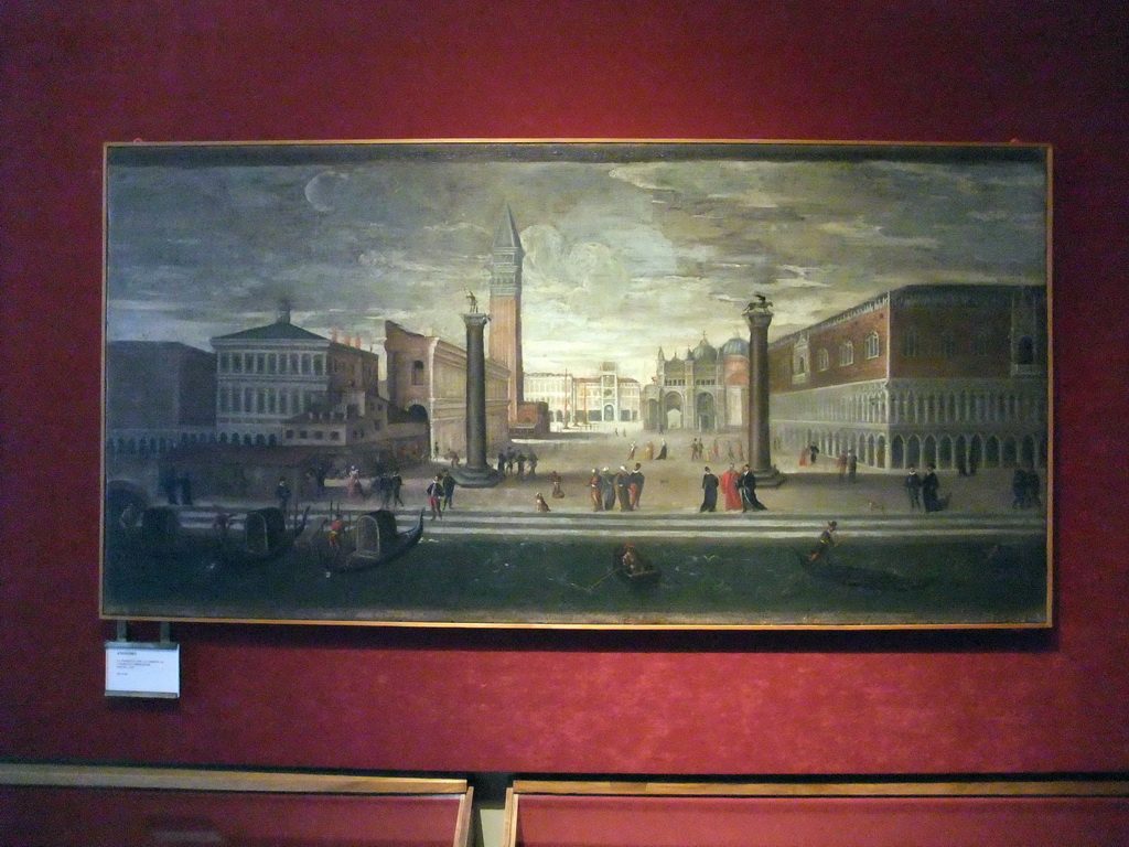 Painting of the Piazzetta San Marco with the Palazzo Ducale palace, the Biblioteca Marciana library, the columns with the sculptures `Lion of Venice` and `Saint Theodore` on top, the Clock Tower, and the Basilica di San Marco church and its Campanile Tower, at the Museo Correr museum at the Procuratie Nuove building