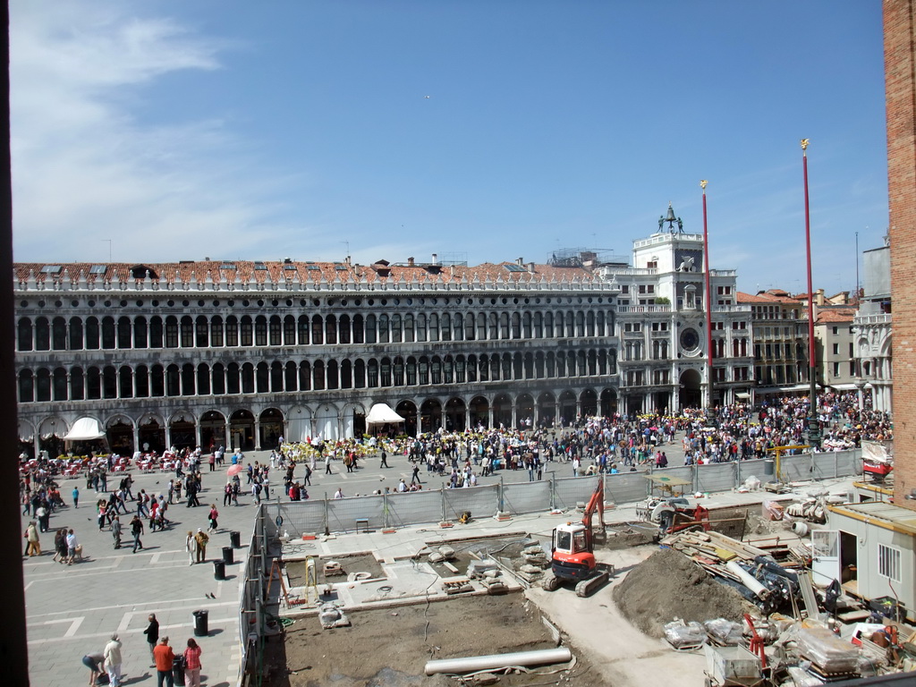 The Piazza San Marco square with the Procuratie Vecchie building and the Clock Tower, viewed fro the upper floor of the Museo Correr museum at the Procuratie Nuove building