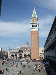 The Piazza San Marco square with the front of the Basilica di San Marco church, its Campanile Tower and the Procuratie Nuove building, viewed from the upper floor of the Museo Correr museum at the Napoleonic Wing of the Procuraties building