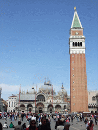 The Piazza San Marco square with the front of the Basilica di San Marco church and its Campanile Tower