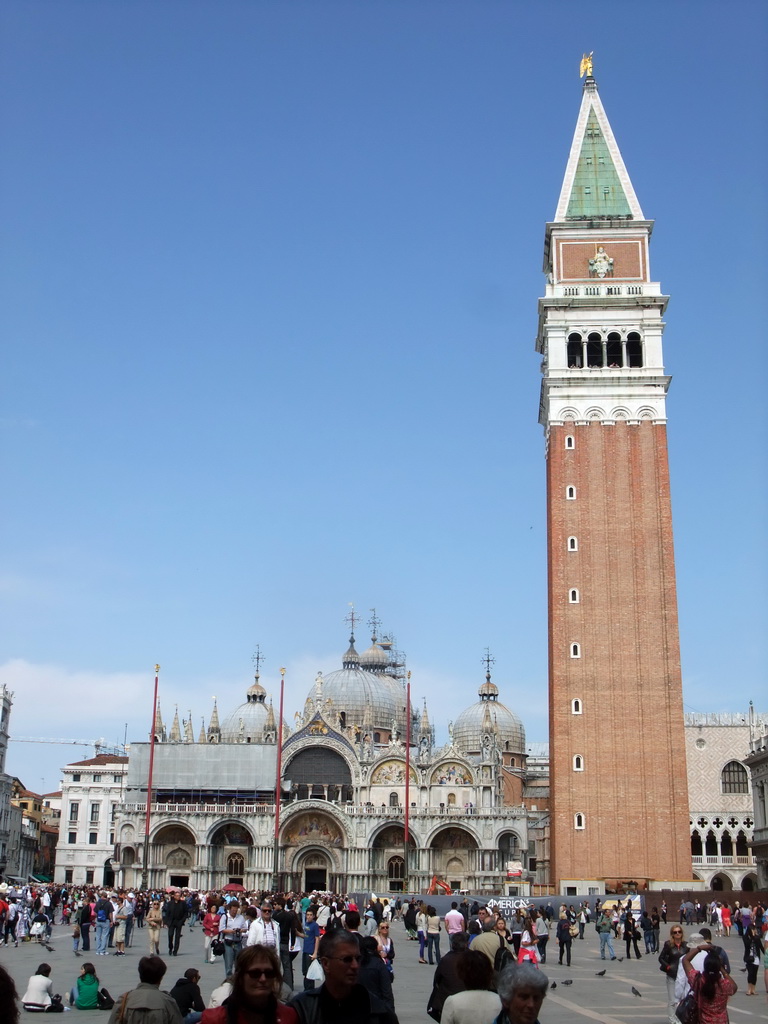 The Piazza San Marco square with the front of the Basilica di San Marco church and its Campanile Tower