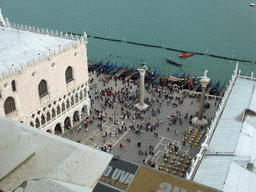 The Piazzetta San Marco square with the Palazzo Ducale palace, the Biblioteca Marciana library and the columns with the sculptures `Lion of Venice` and `Saint Theodore` on top, viewed from the Campanile Tower of the Basilica di San Marco church