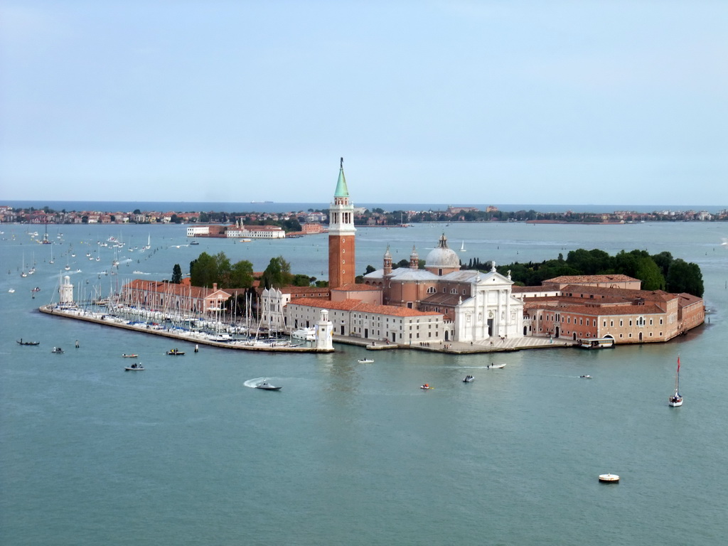 The Bacino di San Marco basin, the San Giorgio Maggiore island with the Basilica di San Giorgio Maggiore church, the San Sèrvolo island and the Lido di Venezia island, viewed from the Campanile Tower of the Basilica di San Marco church