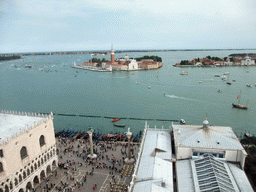 The Piazzetta San Marco square with the Palazzo Ducale palace, the Biblioteca Marciana library and the columns with the sculptures `Lion of Venice` and `Saint Theodore` on top, the Bacino di San Marco basin, the San Giorgio Maggiore island with the Basilica di San Giorgio Maggiore church and the Giudecca island, viewed from the Campanile Tower of the Basilica di San Marco church