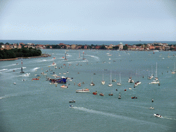 Sailing boats of the America`s Cup sailing race in the Bacino di San Marco basin, viewed from the Campanile Tower of the Basilica di San Marco church