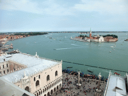 The Piazzetta San Marco square with the Palazzo Ducale palace, the Biblioteca Marciana library and the columns with the sculptures `Lion of Venice` and `Saint Theodore` on top, the Bacino di San Marco basin and the San Giorgio Maggiore island with the Basilica di San Giorgio Maggiore church, viewed from the Campanile Tower of the Basilica di San Marco church
