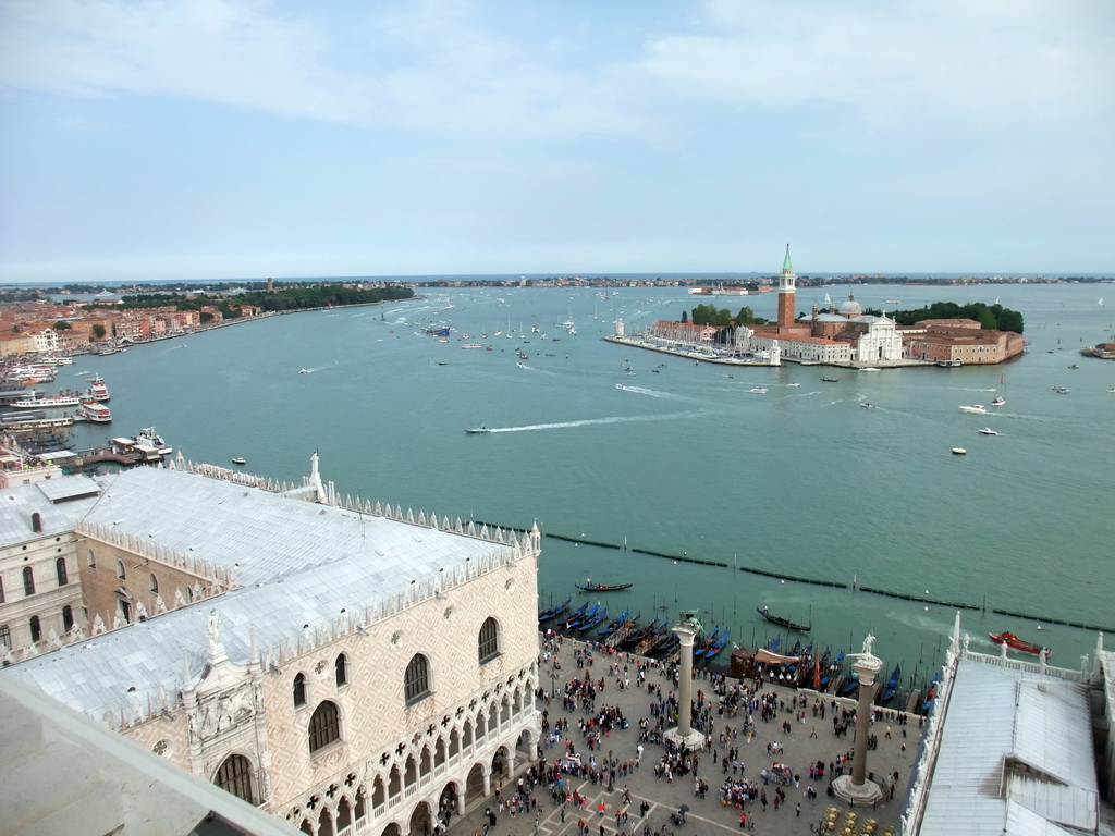 The Piazzetta San Marco square with the Palazzo Ducale palace, the Biblioteca Marciana library and the columns with the sculptures `Lion of Venice` and `Saint Theodore` on top, the Bacino di San Marco basin and the San Giorgio Maggiore island with the Basilica di San Giorgio Maggiore church, viewed from the Campanile Tower of the Basilica di San Marco church