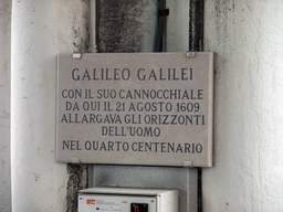 Sign on Galileo Galilei and his telescope from 1609, at the Campanile Tower of the Basilica di San Marco church