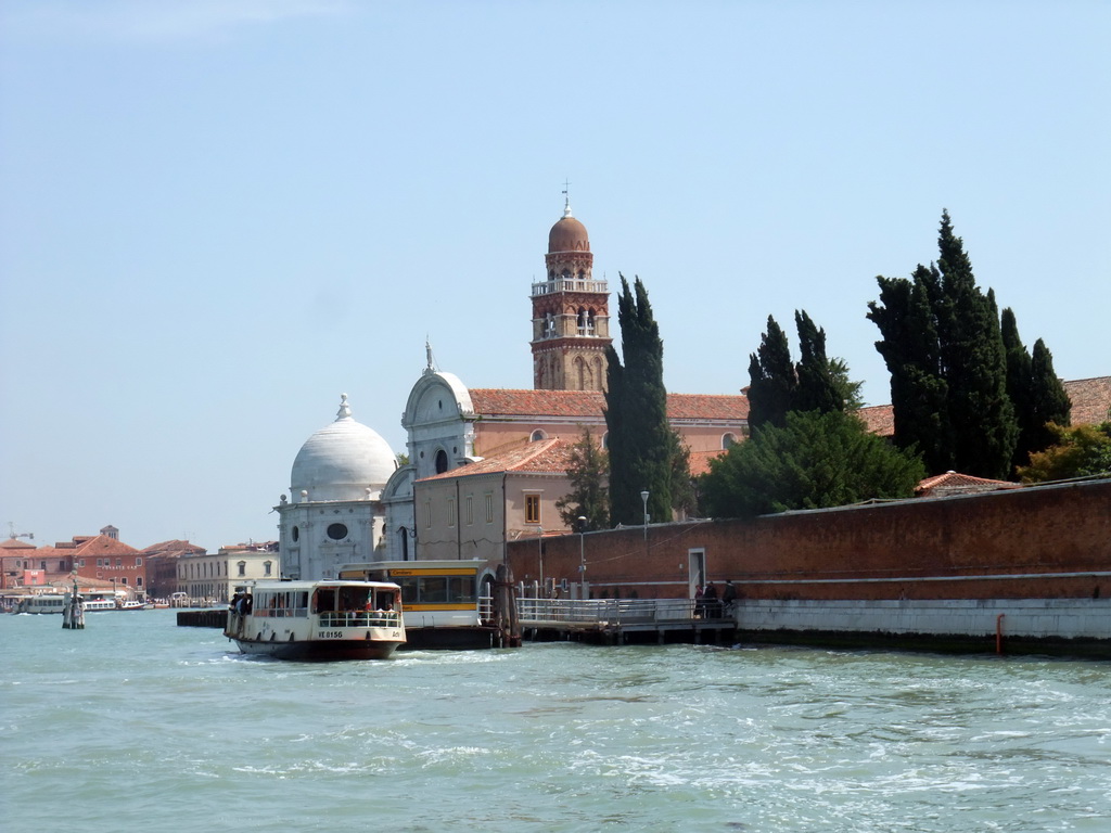 The northwest side of the Isola di San Michele island with the Chiesa di San Michele in Isola church, viewed from the ferry to Murano