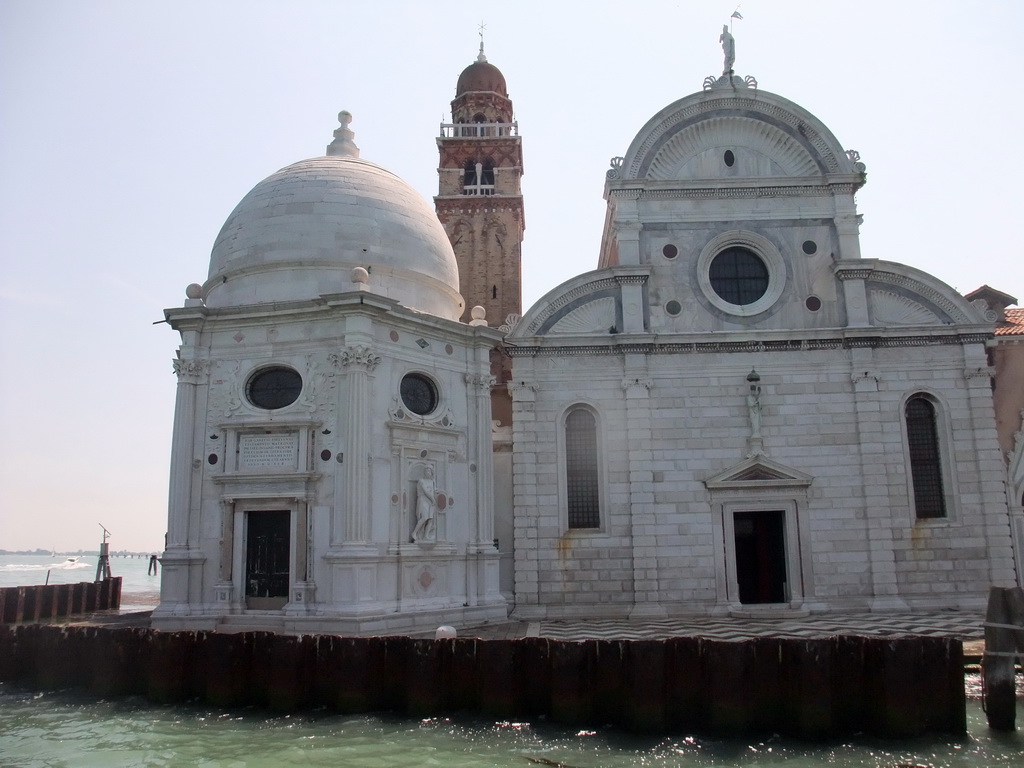 Front of the Chiesa di San Michele in Isola church at the northwest side of the Isola di San Michele island, viewed from the ferry to Murano