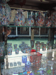 Glass vases in a shopping window at the Fondamenta dei Vetrai street at the Murano islands