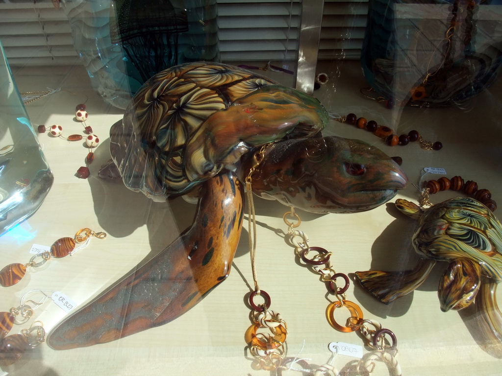 Glass turtles in the window of the shop of Mr. Simioni at the Fondamenta Andrea Navagero street at the Murano islands