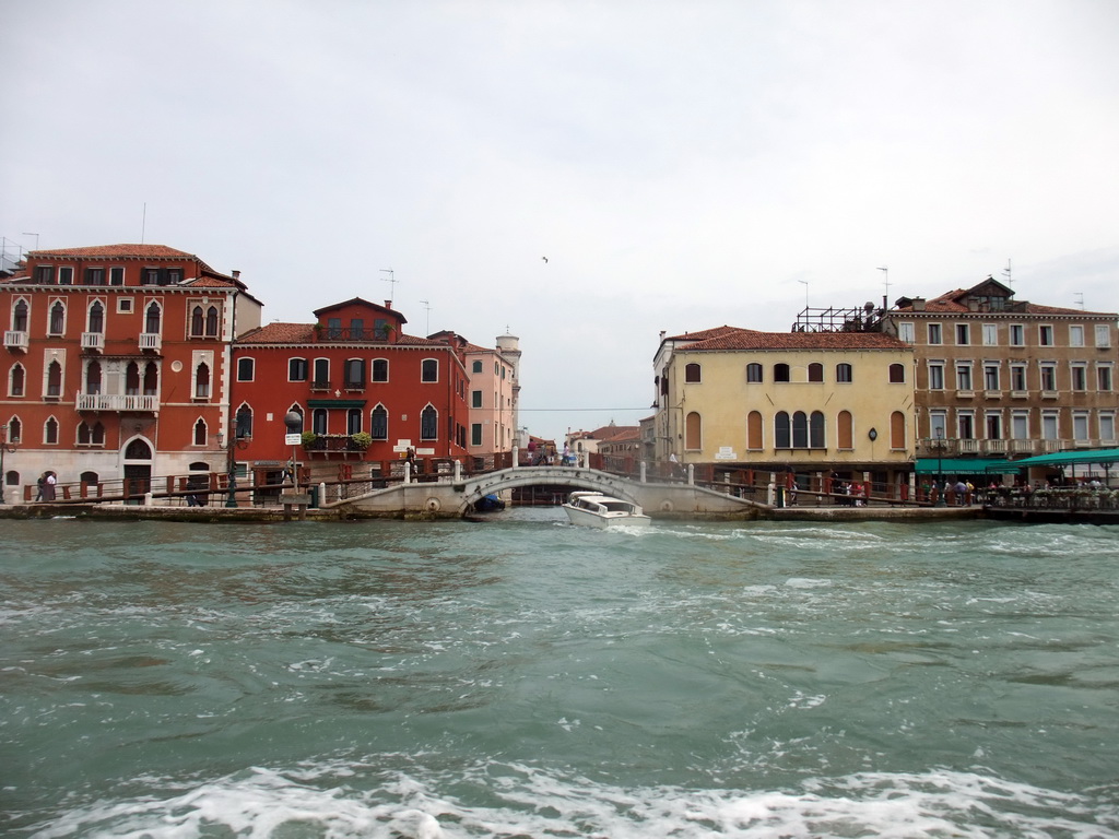 The Canal della Giudecca, the Ponte Lungo bridge over the Rio de San Trovaso river and buildings at the Fondamenta Zattere al Ponte Lungo street, viewed from the ferry