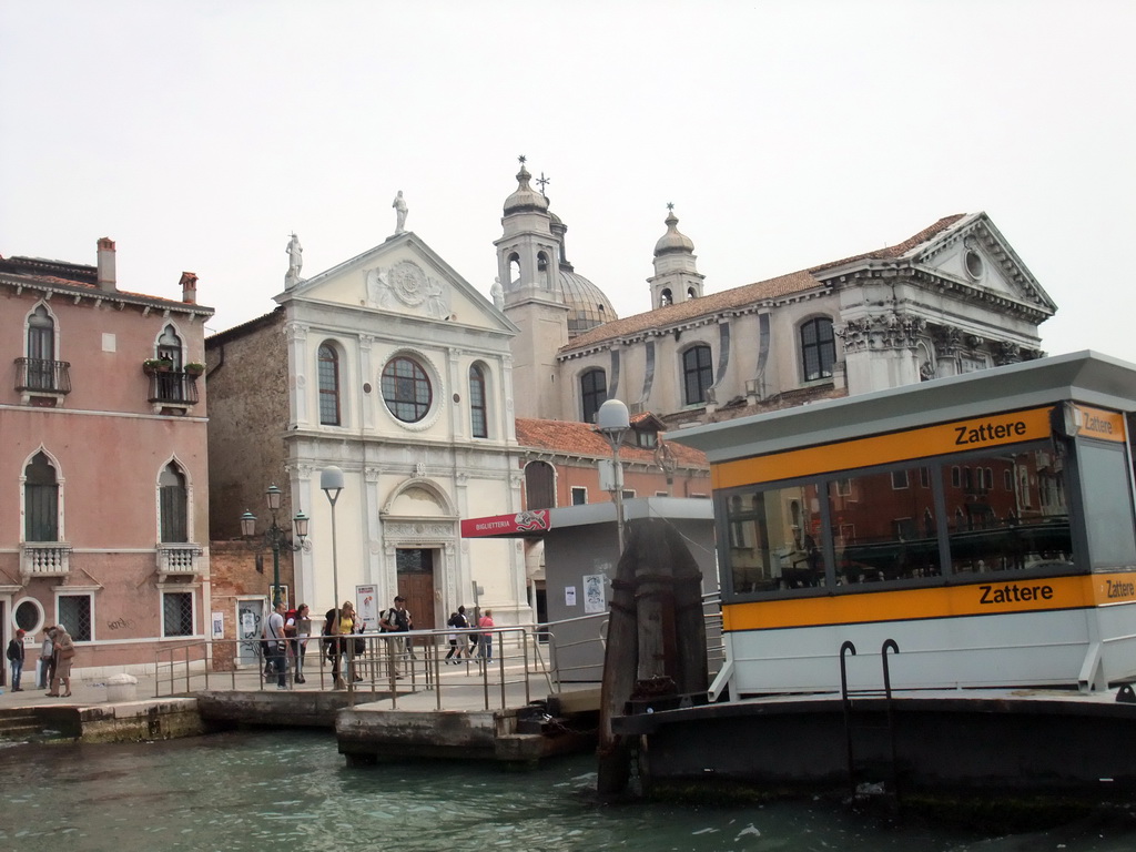 The Zattere ferry stop at the Canal della Giudecca, the Chiesa di Santa Maria della Visitazione church and the Chiesa dei Gesuati church, viewed from the ferry