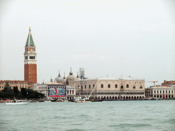 The Bacino di San Marco basin, the Biblioteca Marciana library, the Basilica di San Marco church and its Campanile Tower, the Palazzo Ducale palace and the Ponte della Paglia bridge over the Rio de Palazzo o de Canonica river, viewed from the ferry