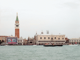 The Bacino di San Marco basin, the Biblioteca Marciana library, the Basilica di San Marco church and its Campanile Tower, the Palazzo Ducale palace and the Ponte della Paglia bridge over the Rio de Palazzo o de Canonica river, viewed from the ferry