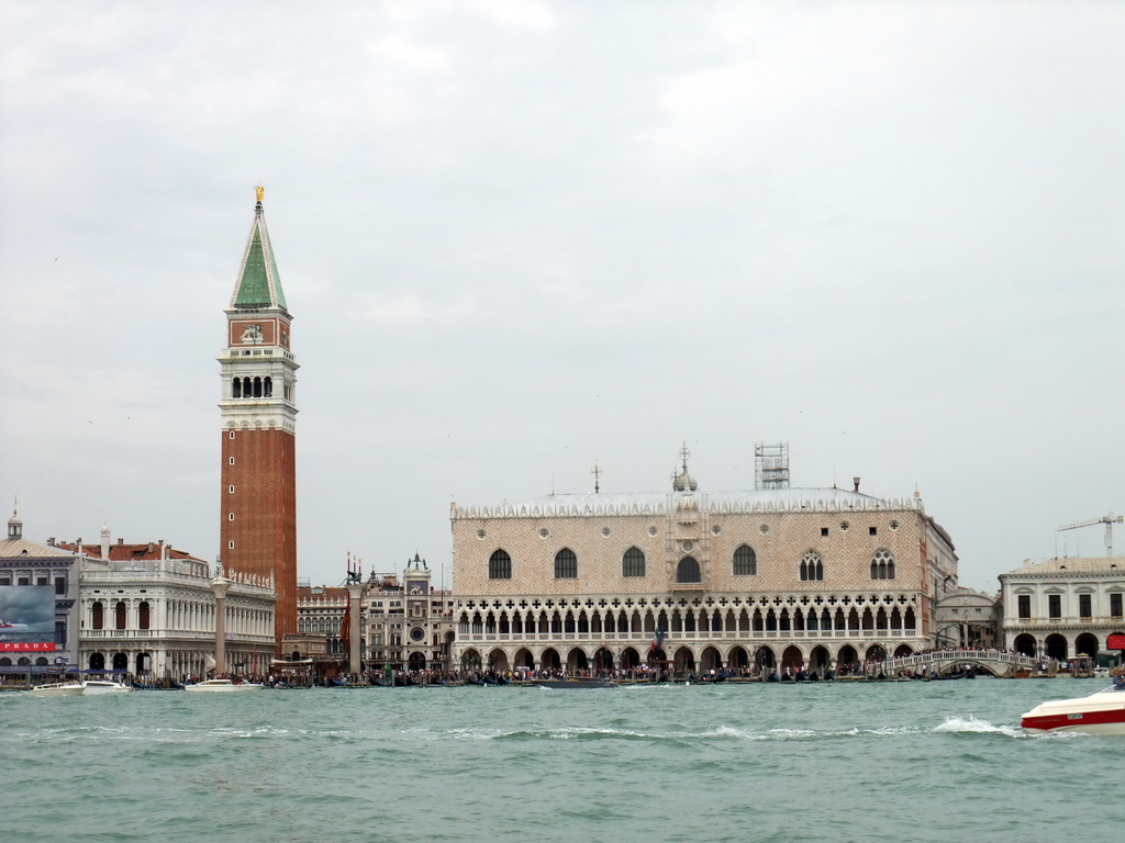 The Bacino di San Marco basin, the Biblioteca Marciana library, the Campanile Tower of the Basilica di San Marco church, the Palazzo Ducale palace and the Ponte della Paglia bridge and the Ponte dei Sospiri bridge over the Rio de Palazzo o de Canonica river, viewed from the ferry